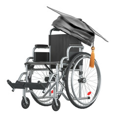 Fototapeta premium Wheelchair with graduation cap. Inclusive education concept. 3D rendering isolated on transparent background