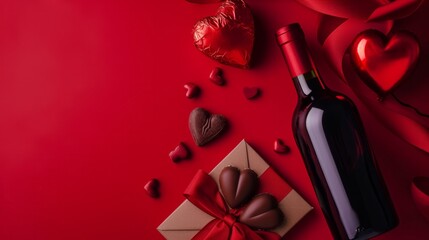 Fototapeta na wymiar bottle of wine, two heart shaped chocolates, gift box with a red ribbon, and an envelope on a vibrant red background 