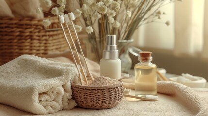 Fototapeta na wymiar Beauty health care composition with ear sticks in rattan casket, towel, powder, toothbrushes, liquid soap on beige towel. Female beauty treatment routine concept 