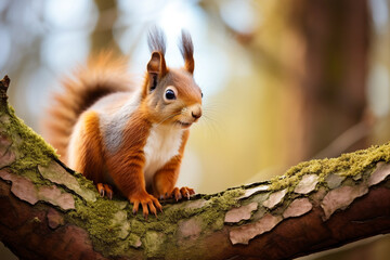 Naklejka na ściany i meble Eurasian red squirrel (Sciurus vulgaris) sitting on a branch