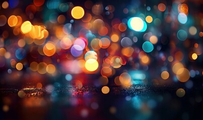 Obraz na płótnie Canvas Multicolor bokeh, raining light, blurry lights, blurry background, rainbow confettis on a black background, colorful, night lights, city lights, haze, Generative AI