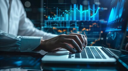 Business finance data analytics graph chart report, man typing computer keyboard investment data digital GDP marketing KPI sale chatbot report financial management technology virtual screen metaverse.
