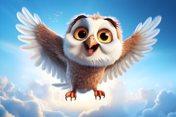 Owl is flying startled on the sky clouds