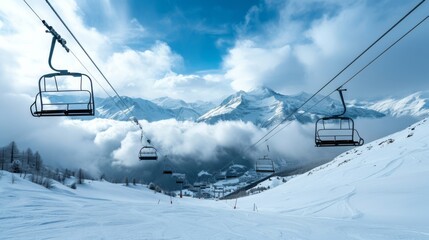 winter mountains ski lifts, french alpes landscape, middle view , generated with AI