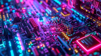 Obraz premium A macro portrait of a neon computer, capturing the intricate patterns and the striking details of its components, generated with AI