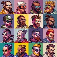 16 pixel lazy gamers faces, generated with AI