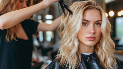 Scene featuring the skilled hands of the stylist shaping the blond woman's hair, creating an illustration that highlights the expertise and craftsmanship involved in the haircutting process
