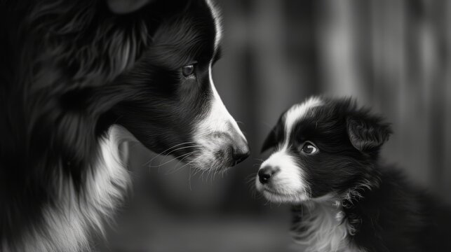 Adult border collie looking down at puppy, black and white photo, generated with AI