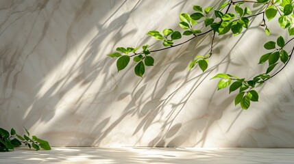 Fresh spring green leaves on branch in sunlight with shadow on white marble tile wall, wood table, copy space.  