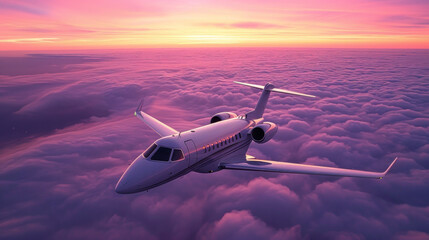 Business jet airplane flying on high altitude above the clouds