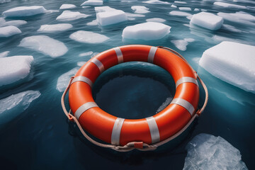 a lifebuoy in the middle of a frozen ocean for SOS rescue and assistance or climate change concepts in the form of a wide banner with a copyspace area