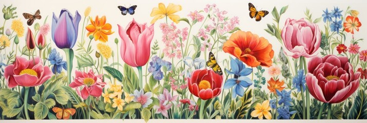 beautiful and colorful pink, white tulips, yellow nacrissus and other flowers with green leaves on the meadow