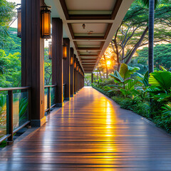 Lush Green Forest with a Wooden Bridge, Blending Nature and Architecture in a Tropical Rainforest Landscape