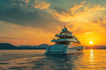 Obraz premium yacht or ship in sunset lights over the sea