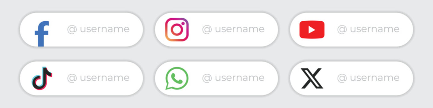Social media lower third icons. Vector username icons. Facebook, Instagram, YouTube, TikTok, Whatsapp, X