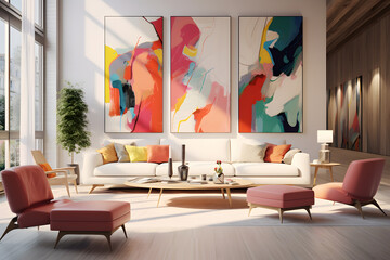 living room with bold abstract paintings wall