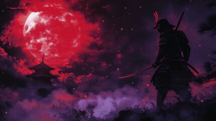 Red Moon Samurai: A Mystical Warrior's Silhouette Against the Night, Embodied in Japanese Tradition