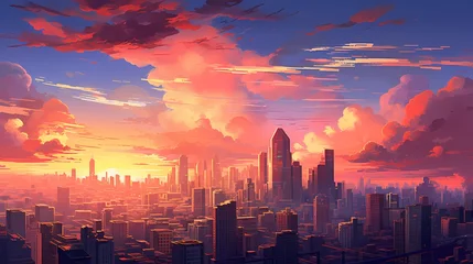 Foto op Plexiglas Vibrant sunset over a city skyline, casting warm tones on modern architecture © CREATER CENTER