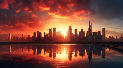 Vibrant sunset over a city skyline, casting warm tones on modern architecture