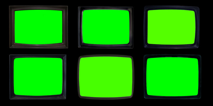 Six retro television with chroma key green screen for designer on black background. TV screen frame in dark room with clipping path