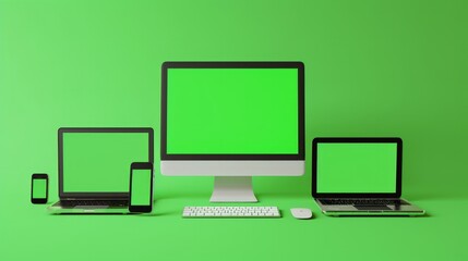 Modern devices mockups: PC, laptop, tablet computer, smartphone with green screens. Animation with motion zoom effect   