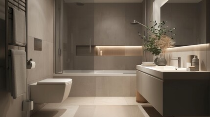 Modern Nordic Scandinavian interior design concept. Bathroom with neutral grey and beige colors. Elegant and cozy apartment for rent.   