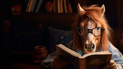 Cute smart cartoon horse in glasses reading book or study with a place for text. Colorful education illustration for children. Back to school concept