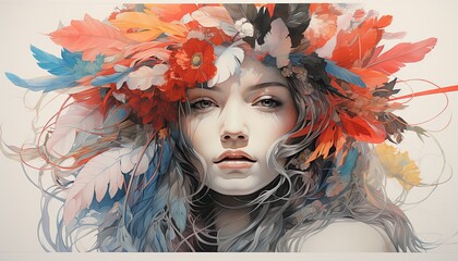 Portrait of a beautiful woman with feathers in her hair. The face of a girl with narrowed eyes and slightly open mouth