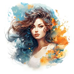 Isolated watercolor portrait of a girl on a white background. Bright blurred colors, a pleasant face and long hair