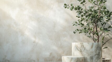 Original template for spa product presentation. Pedestal of marble slabs and branches with green leaves against background of wall in bathroom with masonry in light beige colors.   