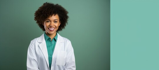 Modern Medical Education Concept. Portrait Of Smiling Black Female Doctor In White Coat Posing Over green Background, Panorama, place for text