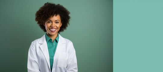 Modern Medical Education Concept. Portrait Of Smiling Black Female Doctor In White Coat Posing Over...