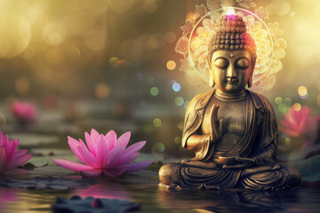 golden buddha with glowing colorful halo around head  and lotuses, in nature background