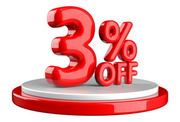3 percent off sale discount red number with podium display 3d render