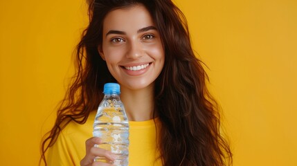 Portrait female in yellow studio drinking water enjoy hydration ethnic Indian strong sporty girl with bottle refreshment athlete sport woman drink supplement protein liquid calcium smile to camera    - obrazy, fototapety, plakaty