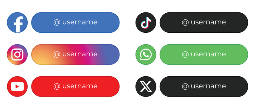 Social media lower third icons. Vector username icons. Facebook, Instagram, YouTube, TikTok, Whatsapp, X