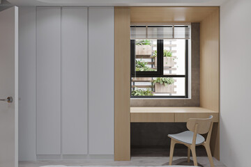 Sleek and modern interior allocated in the bedroom with gray wall attached Almira next to the window and table