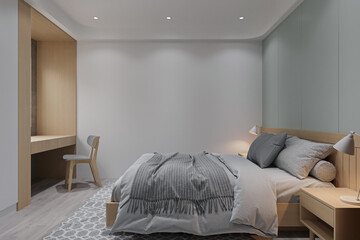 Sleek and modern interior allocated in the bedroom with gray wall paint and wooden furniture.