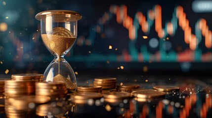 Hourglass and gold coins on blurred stock price growth chart background. Generated AI - Powered by Adobe