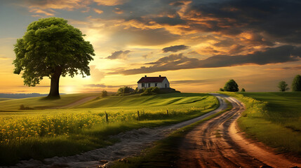 Fototapeta premium Country sunset landscape green meadows, house and country road.