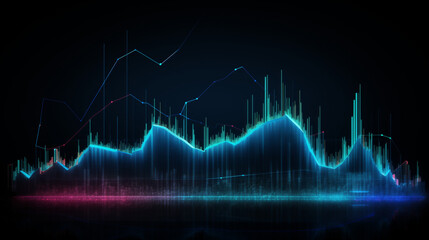 heart beat graph, sound wave background, Financial neon rising graph and chart with lines and numbers front view, Ai generated image