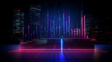digital background, sound wave background, Financial neon rising graph and chart with lines and numbers front view, Ai generated image