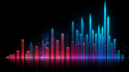 sound wave background, Financial neon rising graph and chart with lines and numbers front view, Ai generated image