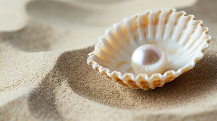 Fototapeta na wymiar Shell with a pearl on sand copy space