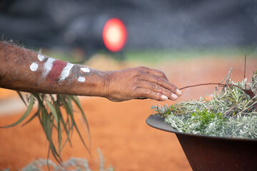 Human hand with green branch of eucalyptus for the smoke ritual welcome rite at a indigenous...