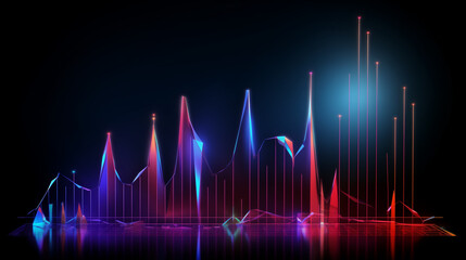 sound waves, Financial neon rising graph and chart with lines and numbers front view, Ai generated image