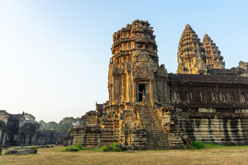 Twilight over the ancient temple ruins, creating a serene and historic atmosphere