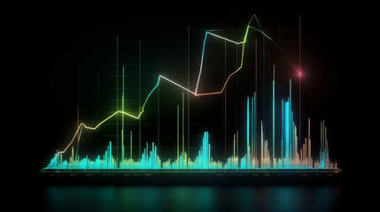 Naklejka premium graph on black, Financial neon rising graph and chart with lines and numbers front view, Ai generated image