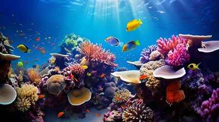 Fototapeta na wymiar Vibrant underwater coral reef scene with colorful fish swimming among the corals
