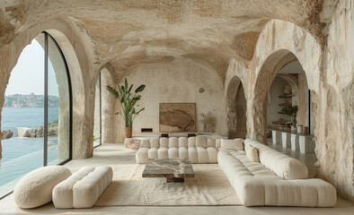 Living room of an abandoned palace converted into a modern villa, with aged marble walls and floors, aged concrete ceilings, aged marble table and white furniture around.